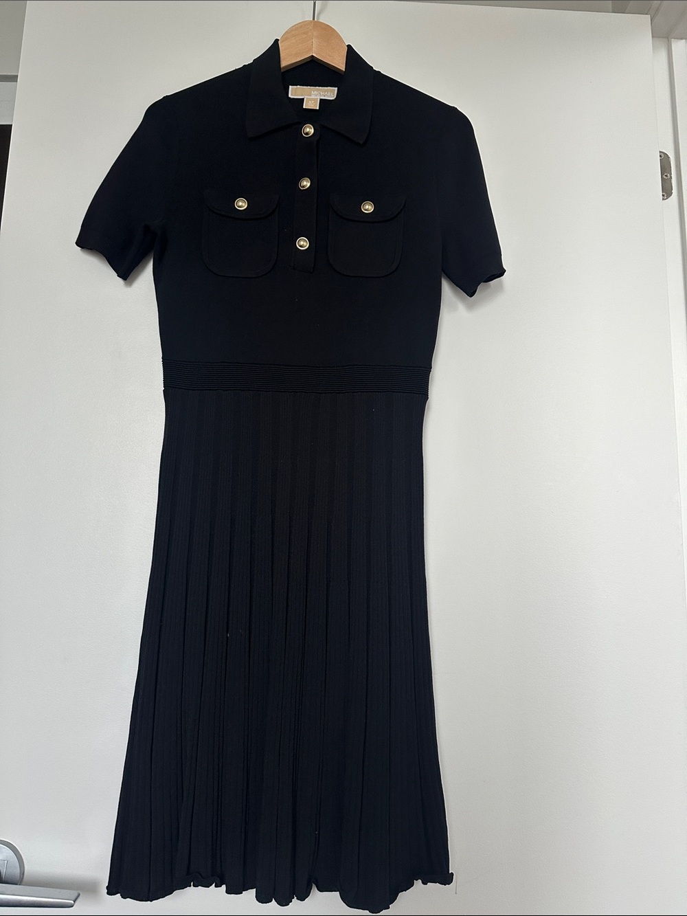 Michael Kors Black Short-Sleeve Gorgeous Polo Knit Dress with Gold Buttons